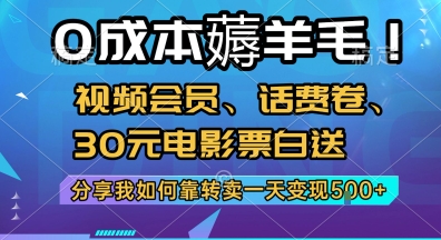 0成本薅羊毛!视频会员、话费卷、30元电影票白送，分享我如何靠转卖一天变现5张+【揭秘】-A5资源网