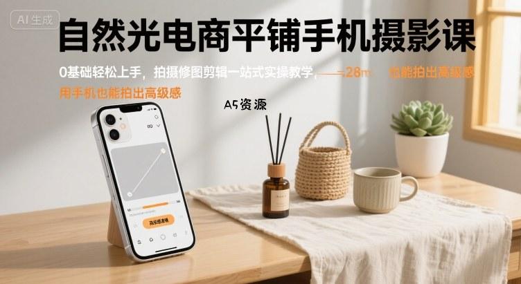 自然光电商平铺手机摄影课,0基础轻松上手,拍摄修图剪辑一站式实操教学,用手机也能拍出高级感-A5资源网