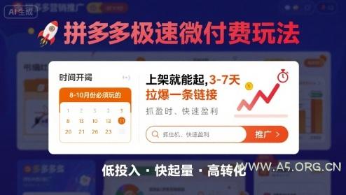 8月26号拼多多极速微付费玩法,8-10月份必须玩的,上架就能起,3-7天拉爆一条链接-A5资源网