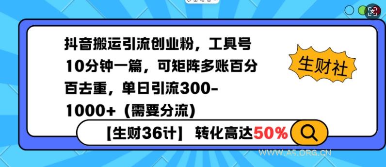 抖音搬运引流创业粉,工具号10分钟一篇,可矩阵多账百分百去重,单日引流300+(需要分流)-A5资源网