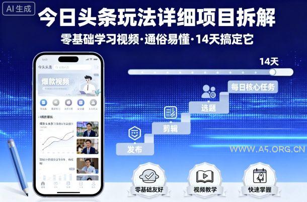 今日头条玩法详细项目拆解,零基础学习视频 通俗易懂 14天搞定它-A5资源网
