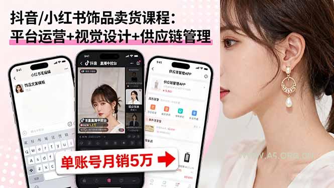 抖音/小红书饰品卖货课程:平台运营+视觉设计+供应链管理,单账号月销5万-A5资源网