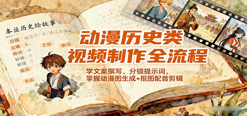 动漫历史类视频制作全流程,学文案撰写、分镜提示词,掌握动漫图生成+抠图配音剪辑-A5资源网