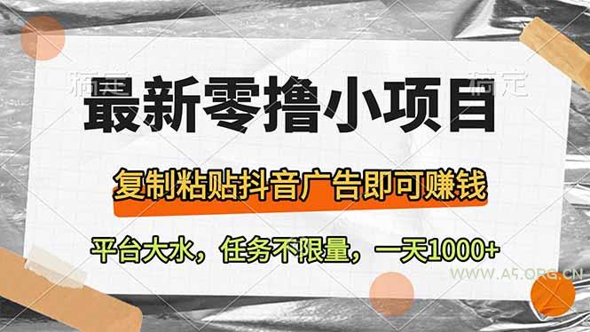 最新零撸小项目,复制粘贴抖音广告即可赚钱,平台大水,任务不限量,一…-A5资源网