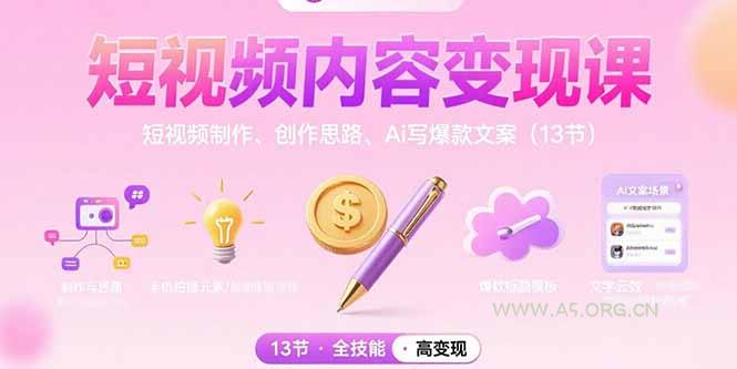 短视频内容变现课：短视频制作、创作思路、Ai写爆款文案(13节-A5资源网
