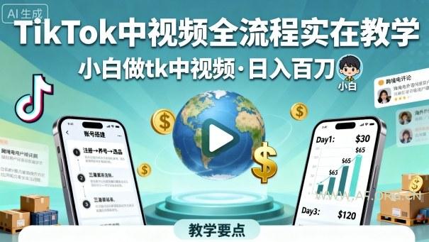 TikTok中视频全流程实操教学，小白做tk中视频，日入百刀-A5资源网