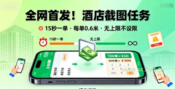 全网首发!酒店截图任务,15秒一单,每单0.6米,任务无上限不设限,矩阵操作单日3张到手【揭秘】-A5资源网