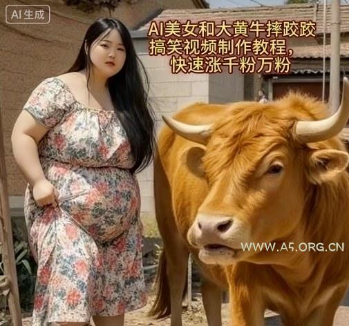 AI美女和大黄牛摔跤搞笑荒诞视频制作教程,快速涨千粉万粉-A5资源网