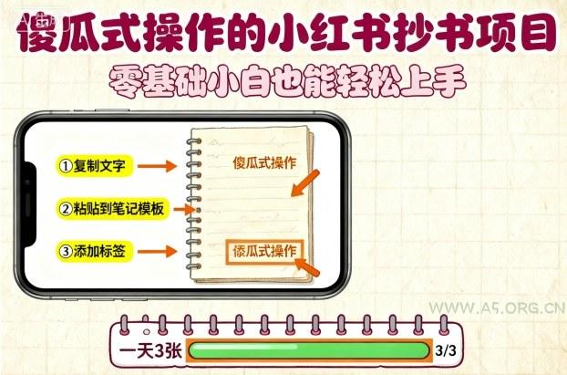 傻瓜式操作的小红书抄书项目,会复制粘贴就行,零基础小白也能一天3张-A5资源网