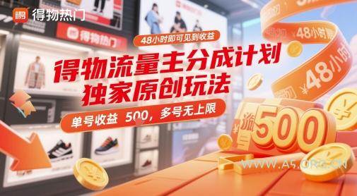 得物流量主分成计划独家原创玩法,48小时即可见到收益,单号收益5张,多号无上限【揭秘】-A5资源网