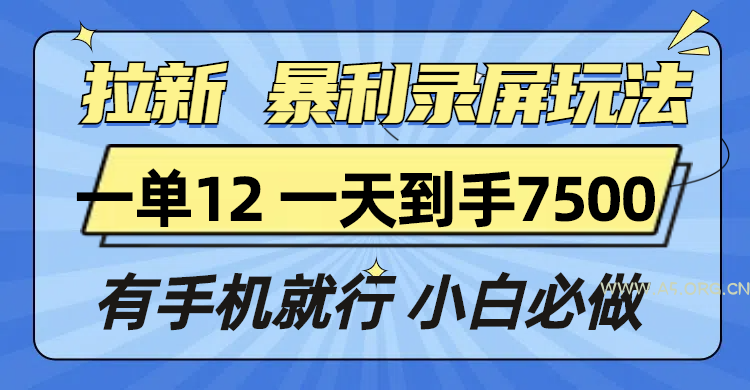 拉新暴利录屏玩法，一单12块，一天到手7500，有手机就行-A5资源网