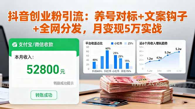 抖音创业粉引流:养号对标+文案钩子+全网分发,月变现5万实战-A5资源网