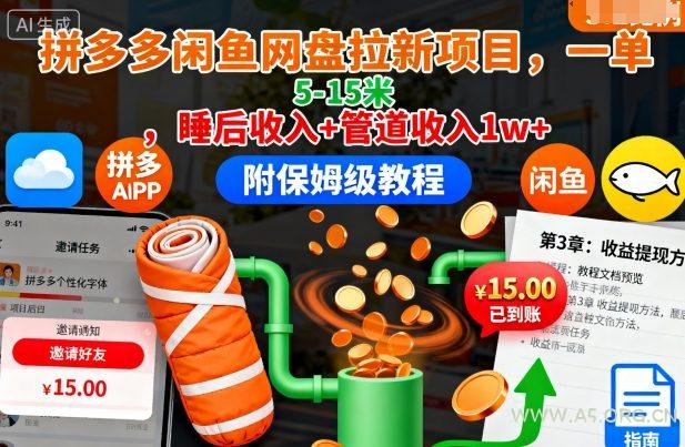 拼多多闲鱼网盘拉新项目,一单5-15米,睡后收入+管道收入1w+(附保姆级教程) - A5资源网 拼多多闲鱼网盘拉新项目,一单5-15米,睡后收入+管道收入1w+(附保姆级教程)