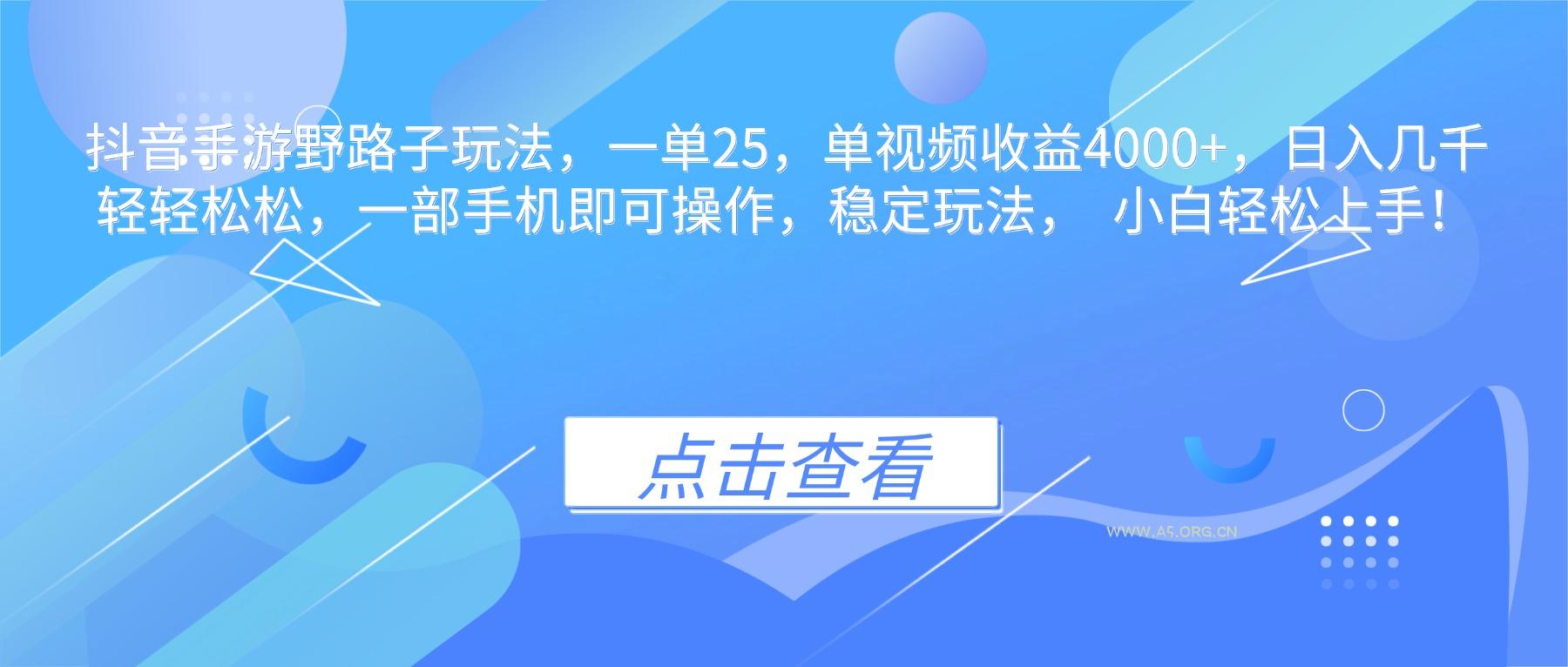 抖音手游野路子玩法,一单25,单视频收益4000+,日入几千轻轻松松,一...-A5资源网